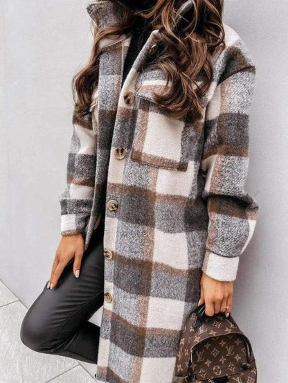 Cheky - Button lapel casual warm plaid long woolen coat