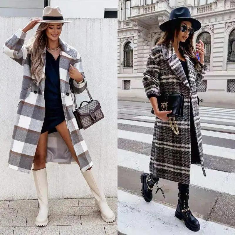 Cheky - Checked Mid-length Coat Lapel Tie Woolen Coat