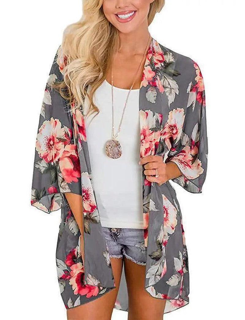 Cheky - Chiffon Printed Cardigan Sunscreen Long Kimono Bikini Blouse