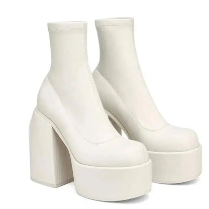 Cheky - Chunky Boots Fashion High Heel Shoes With Side Zipper Women