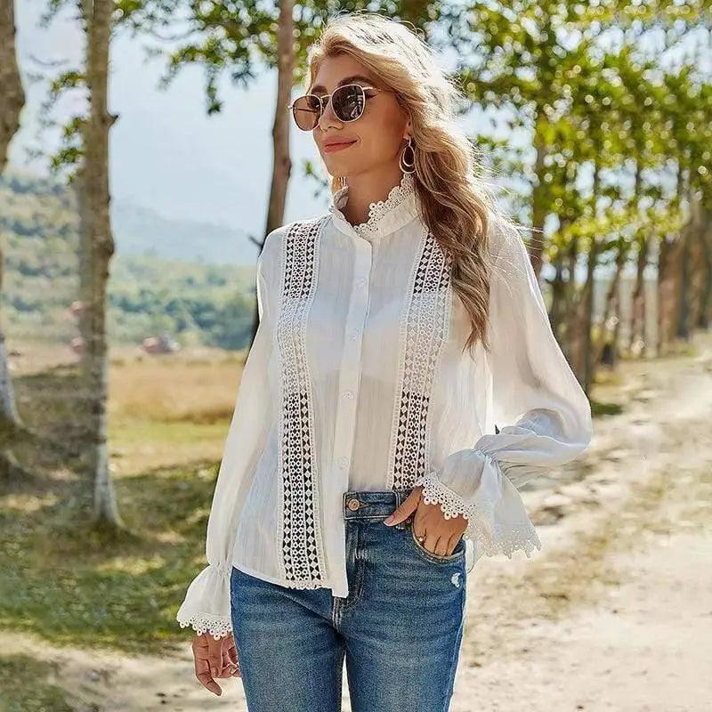 Cheky - Cross Border Women's Shirt with Cut Out Lace And Longsleeve