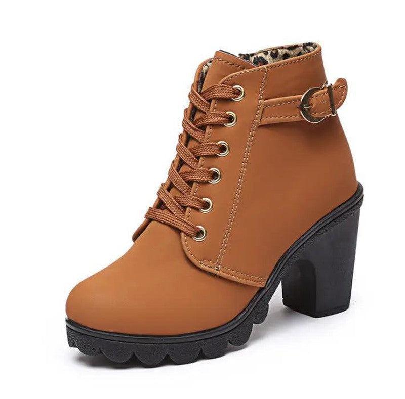 Cheky - Cuculus New Spring Winter Women Boots High Quality Solid Lace-up European Ladies shoes PU Fashion high heels Boots 656