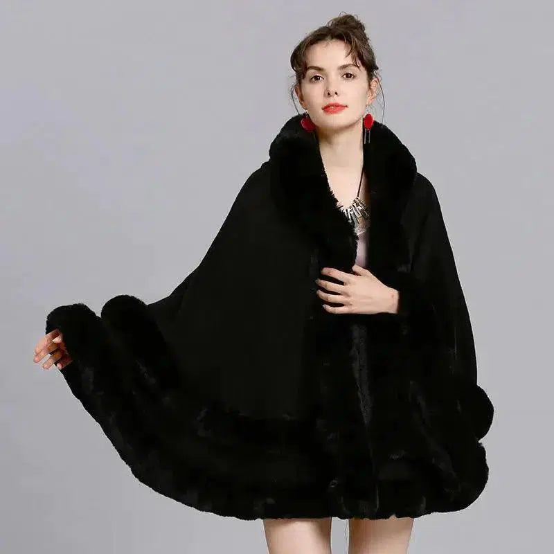 Cheky - Faux Fox Fur Collar Fur Hooded Knit Cardigan Cape Cape