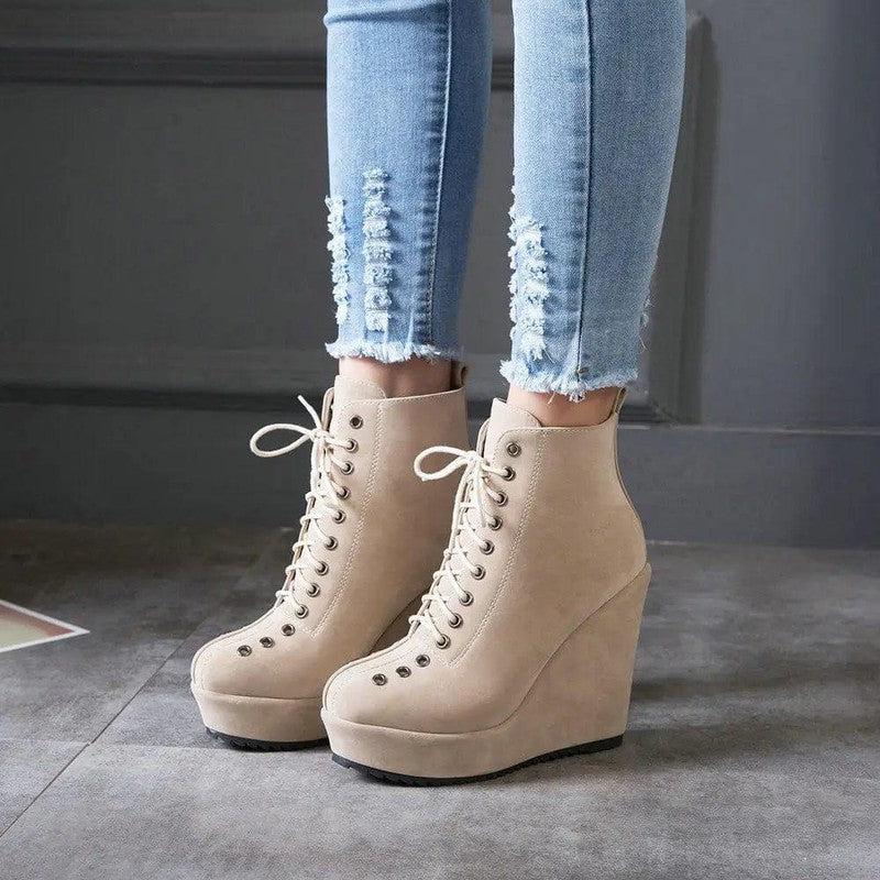 Cheky - High-heeled Sponge Cake Was Thin Suede Lace-up Martin Boots Women