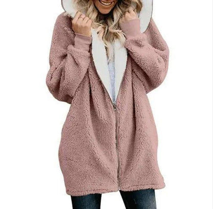 Cheky - Hooded zipper cardigan fur coat plush sweater