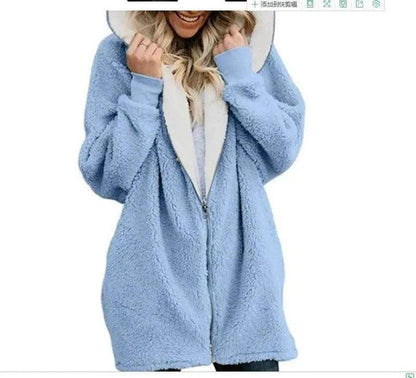 Cheky - Hooded zipper cardigan fur coat plush sweater