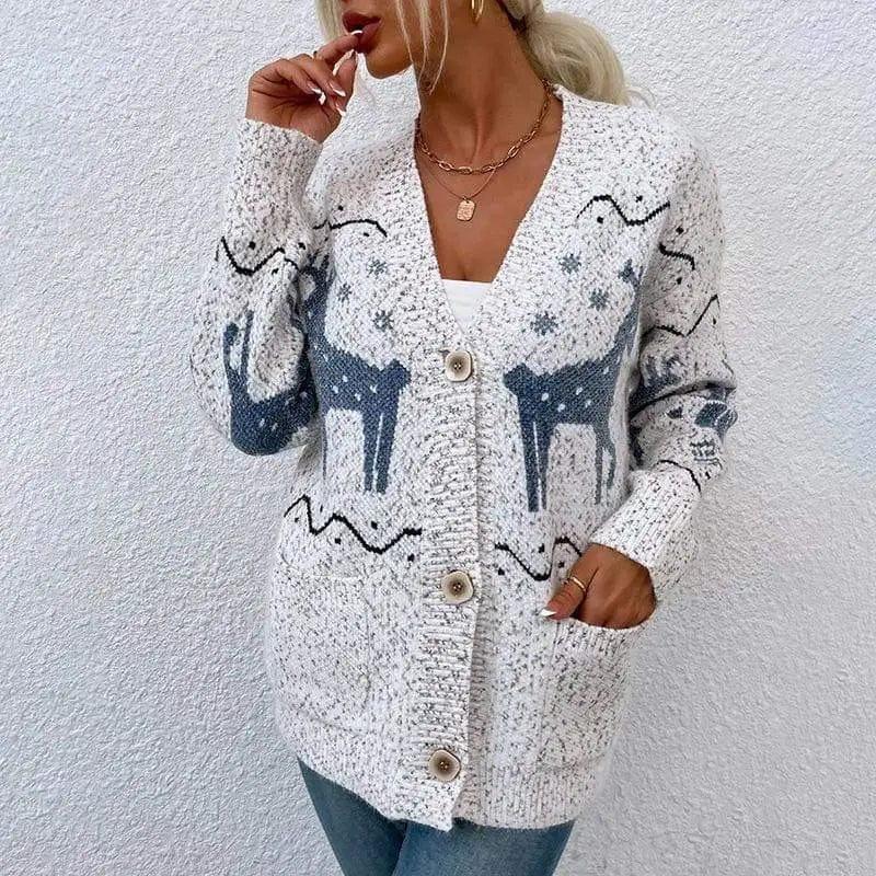 Cheky - Knit Single-breasted Christmas Fawn Cardigan Sweater Women