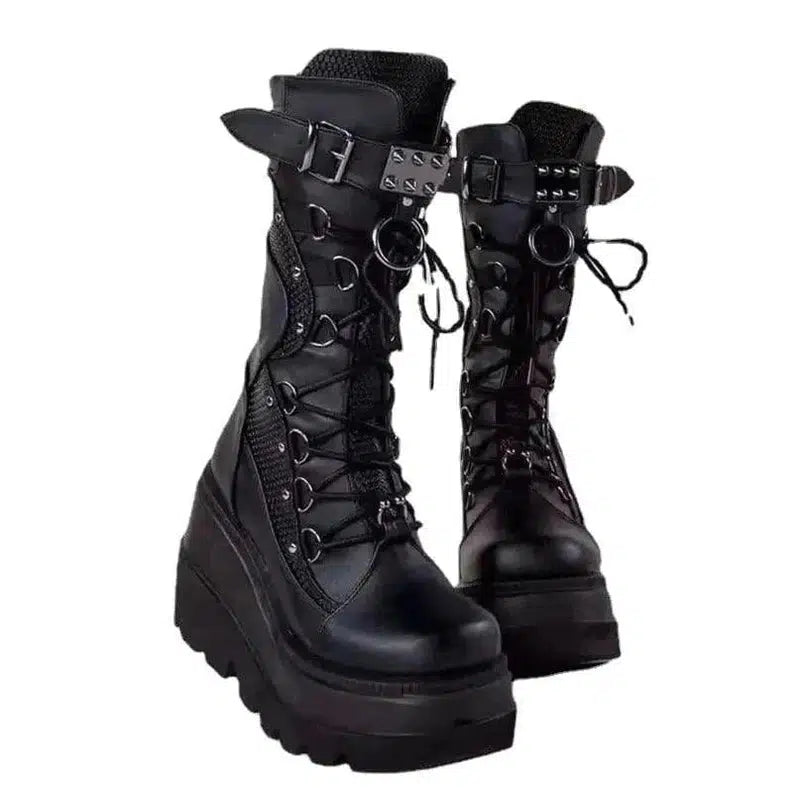 Cheky - Lace-Up Combat Boot Motorcycle Black Bucke Chunky Boots For Women Winter Shoes