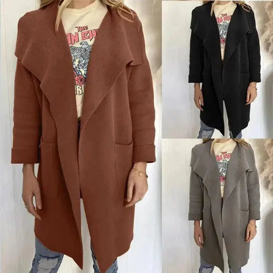 Cheky - Lapel Woolen Jacket Long Sleeve Cardigan Coat