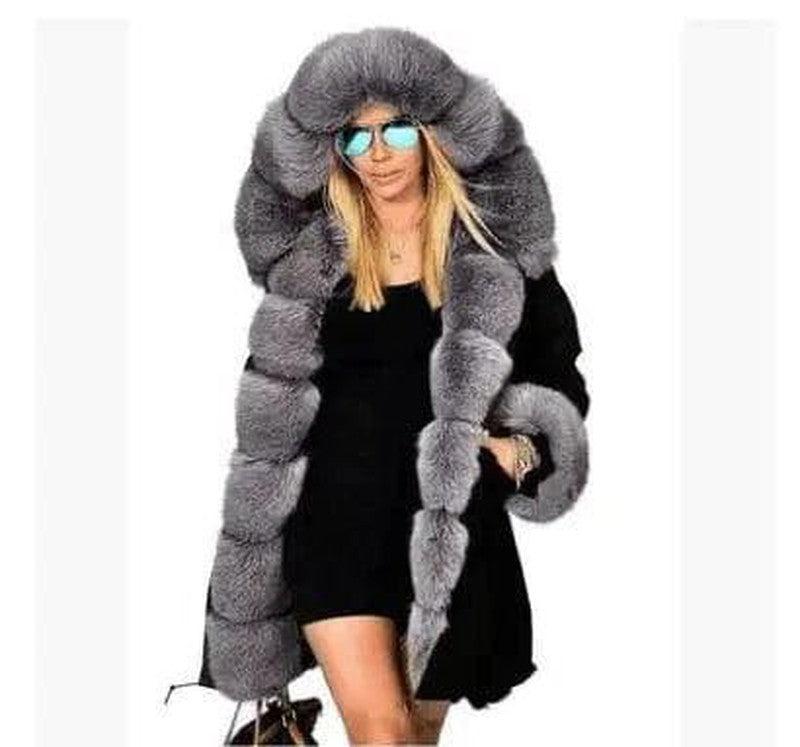 Cheky - Large fur collar warm coat long hooded coat cotton coat