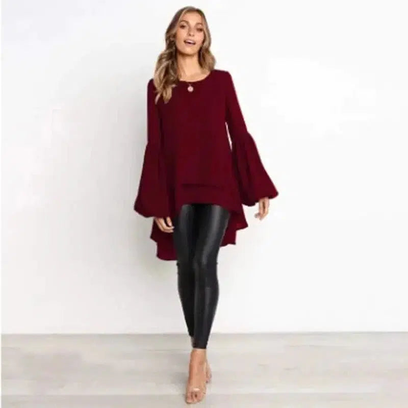 Cheky - Round Neck Lantern Sleeve Irregular Ladies Top