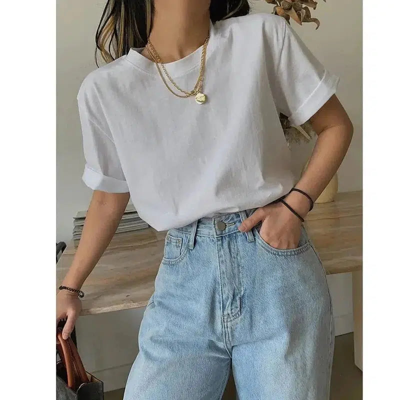 Cheky - Homemade Cotton Versatile Loose White T-shirt For Women