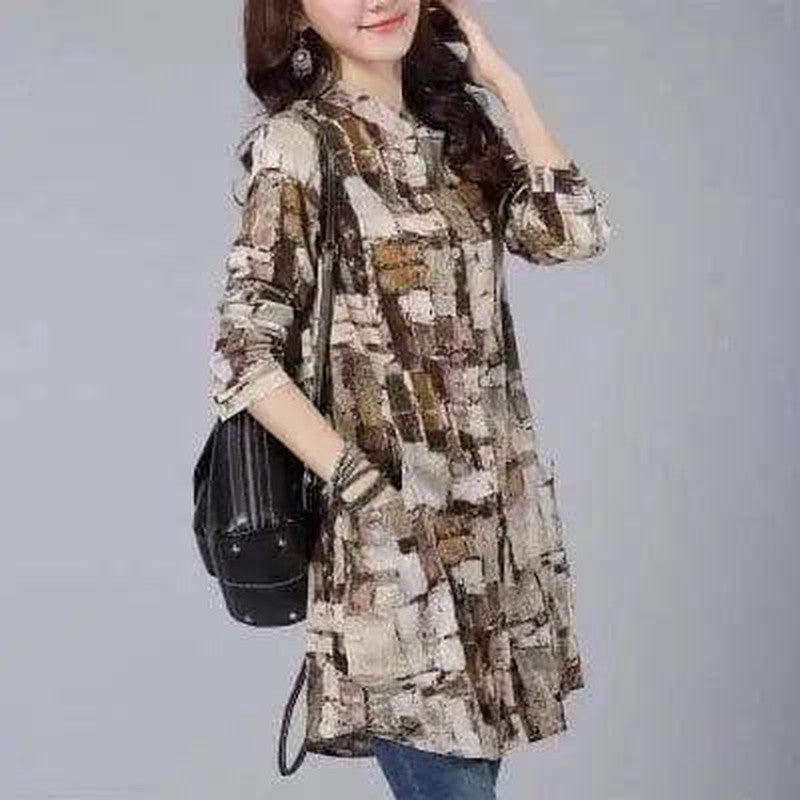 Cheky - Retro Print Long Sleeve Loose Shirt Mid-length Long Sleeve