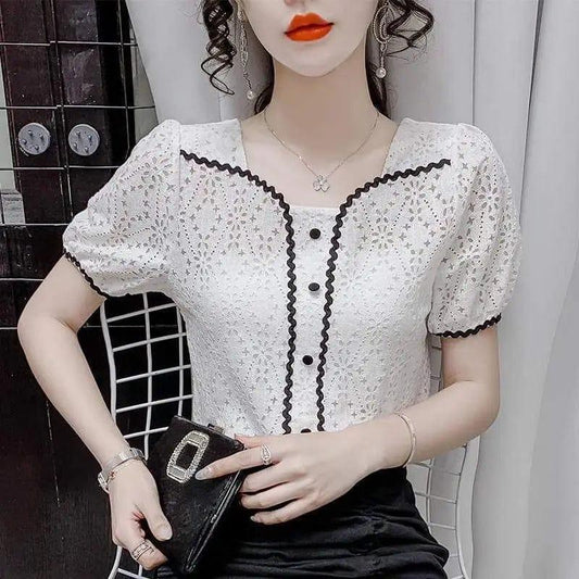 Cheky - Square collar design sweet lace shirt hook