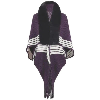 Cheky - Tassel Cape And Shawl Women's Striped Fur Collar Scarf