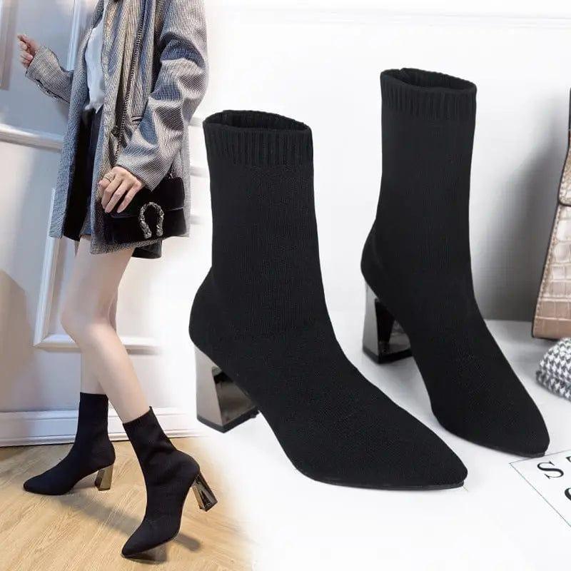 Cheky - Thick Heel Elastic Thin Net Red Socks Boots Mid-tube Pointed Toe High-heeled Short Boots Women