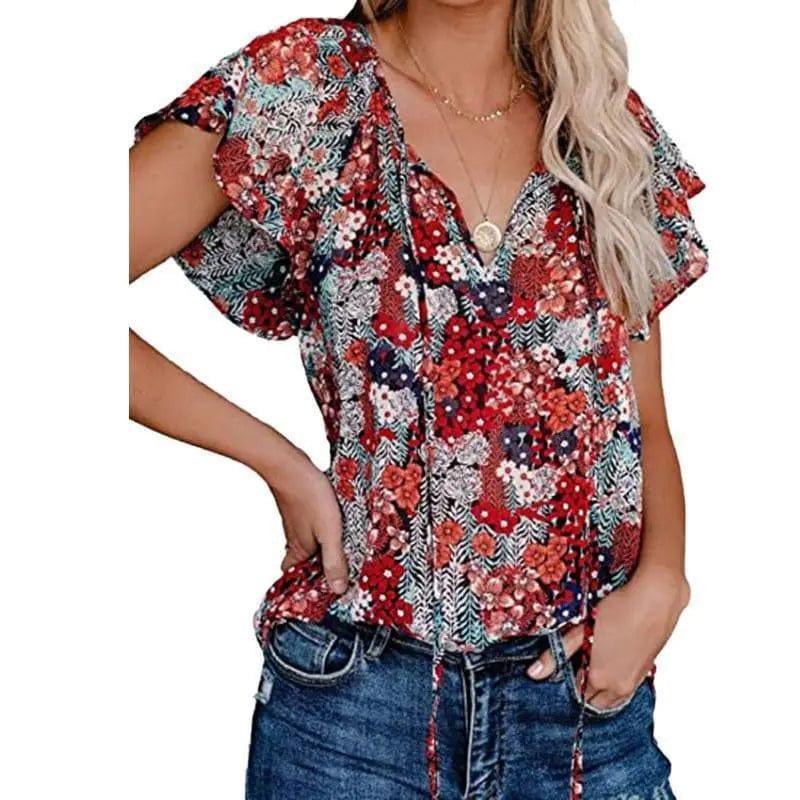 Cheky - Women's Casual Short-sleeved Loose Print V-neck Shirt Top