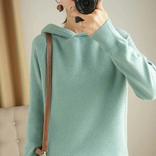 Cheky - Wool Sweater Women's Hooded Pullover Long-sleeved Knitted